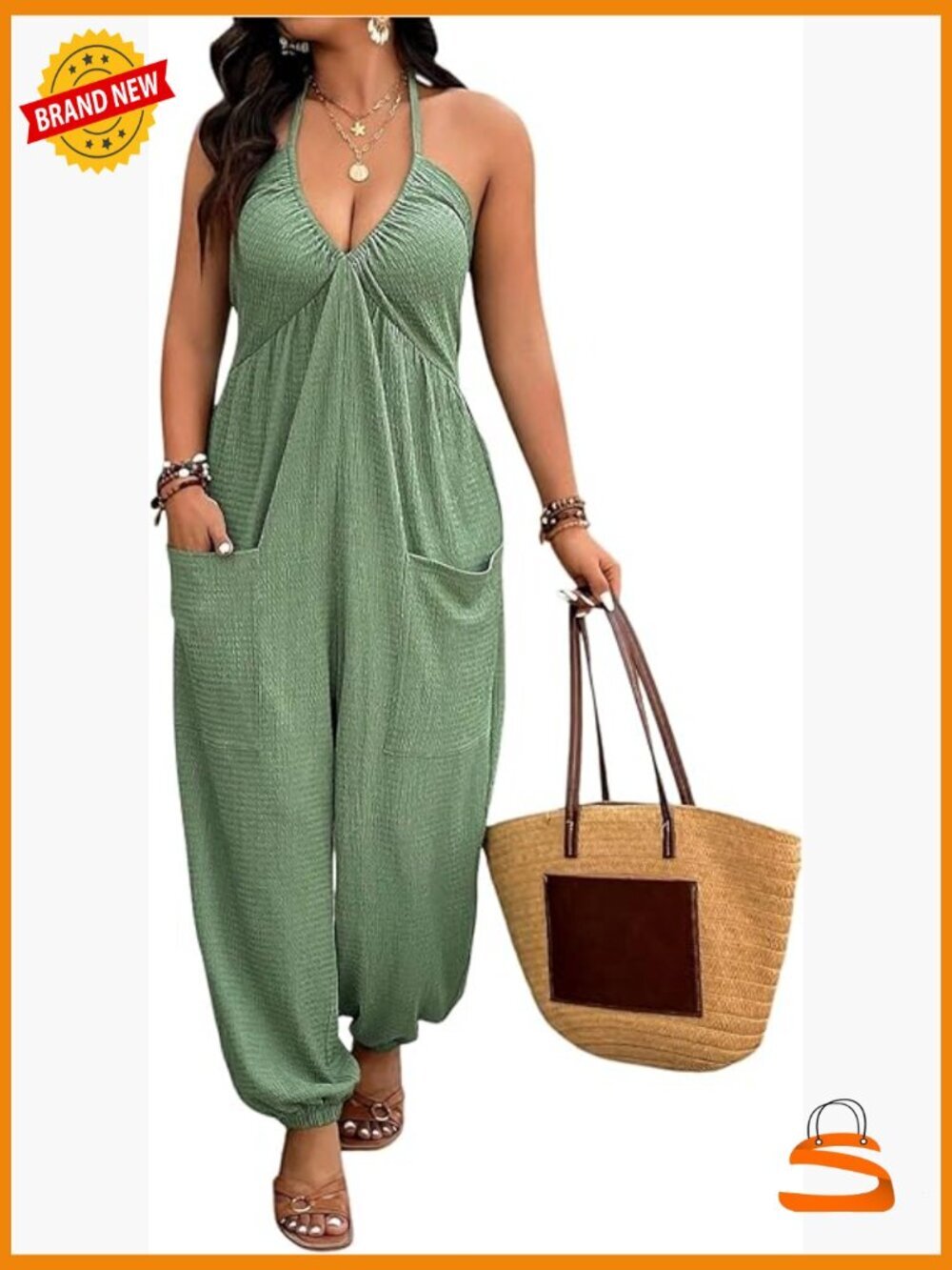 Plus Size Backless Halter Jumpsuit Sleeveless Romper with Pockets